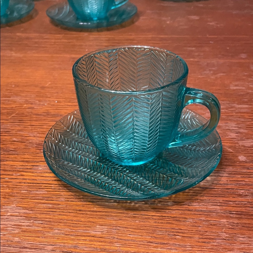 Elegant Teal Glass Mug and Saucer Set
